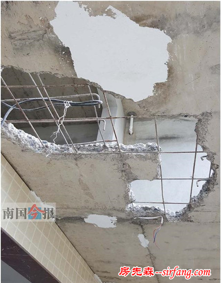 來賓市一樓盤天花板掉下成塊水泥渣 嚇壞裝修工人