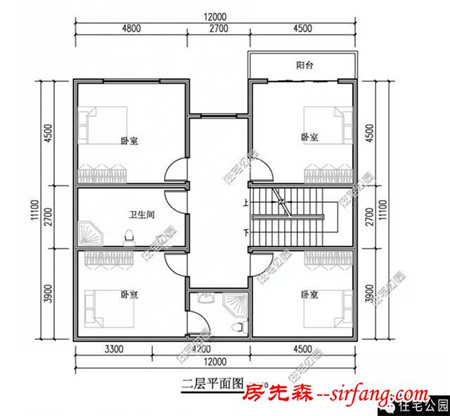 方正户型自建房12X11米，多卧室、有屋顶花园