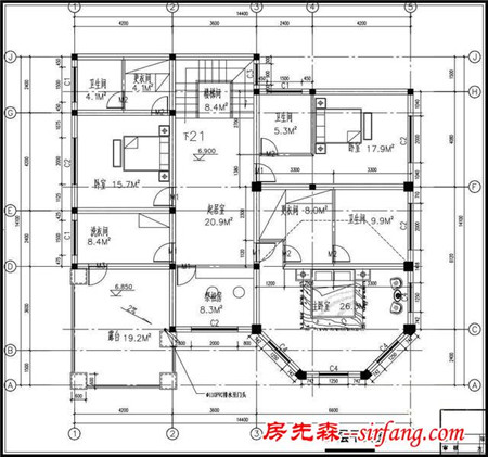 三层豪华私人定制自建别墅设计图 14X14米户型方正