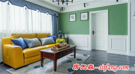 137㎡现代美式风格；明黄色沙发十分吸人眼球，充满了生机活力