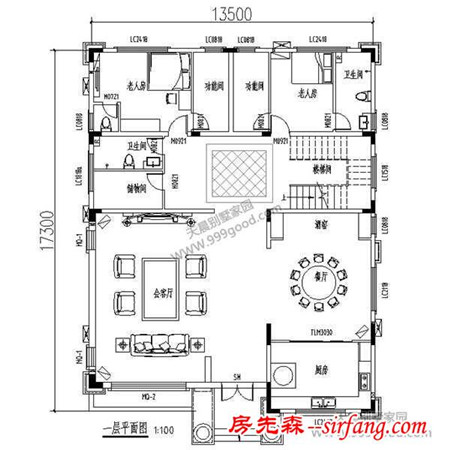 农村三层豪华别墅设计图，17.3X13.5米有施工图！