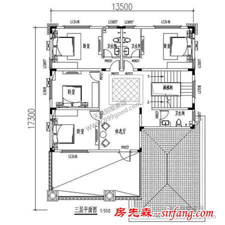 农村三层豪华别墅设计图，17.3X13.5米有施工图！