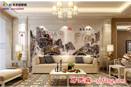 新中式山水画客厅电视背景墙《锦绣河山》，天籁之战