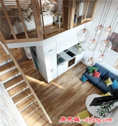 层高5.5米，全屋地面装修用木地板，时尚的一居室设计