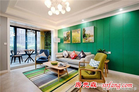 装潢家具图松柏绿的背景墙搭配同色系的家具活跃鲜明