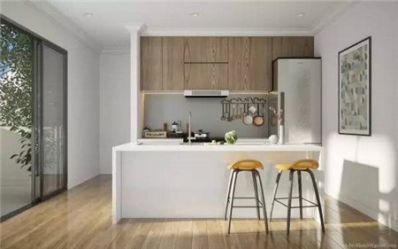 14个白色和木纹厨柜的厨房设计